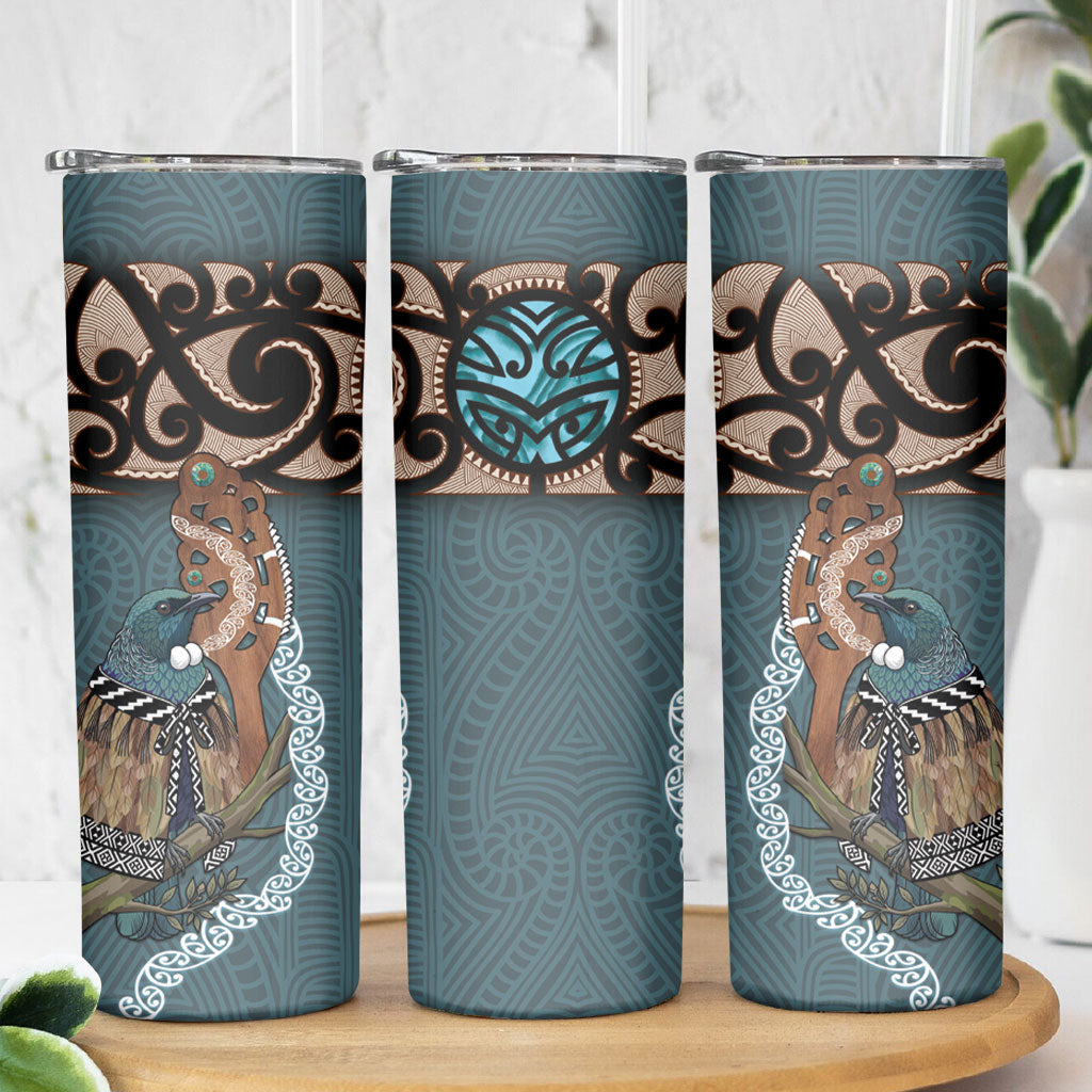 New Zealand Tui Bird Maripi Skinny Tumbler Maori Weapon Kowhaiwhai Pattern