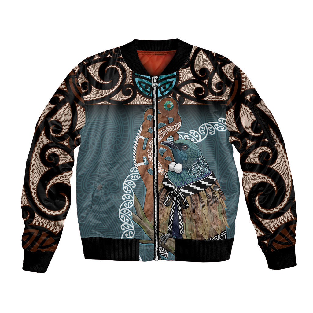 New Zealand Tui Bird Maripi Sleeve Zip Bomber Jacket Maori Weapon Kowhaiwhai Pattern