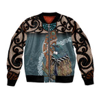 New Zealand Tui Bird Maripi Sleeve Zip Bomber Jacket Maori Weapon Kowhaiwhai Pattern