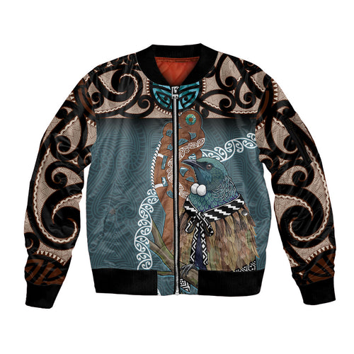 New Zealand Tui Bird Maripi Sleeve Zip Bomber Jacket Maori Weapon Kowhaiwhai Pattern