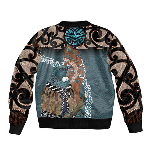 New Zealand Tui Bird Maripi Sleeve Zip Bomber Jacket Maori Weapon Kowhaiwhai Pattern