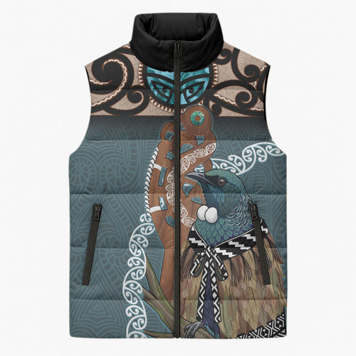 New Zealand Tui Bird Maripi Sleeveless Puffer Jacket Maori Weapon Kowhaiwhai Pattern