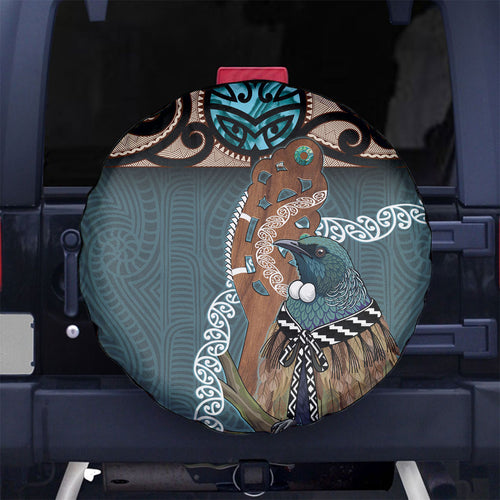 New Zealand Tui Bird Maripi Spare Tire Cover Maori Weapon Kowhaiwhai Pattern