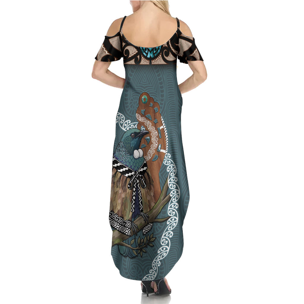 New Zealand Tui Bird Maripi Summer Maxi Dress Maori Weapon Kowhaiwhai Pattern