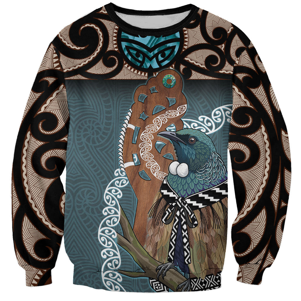 New Zealand Tui Bird Maripi Sweatshirt Maori Weapon Kowhaiwhai Pattern