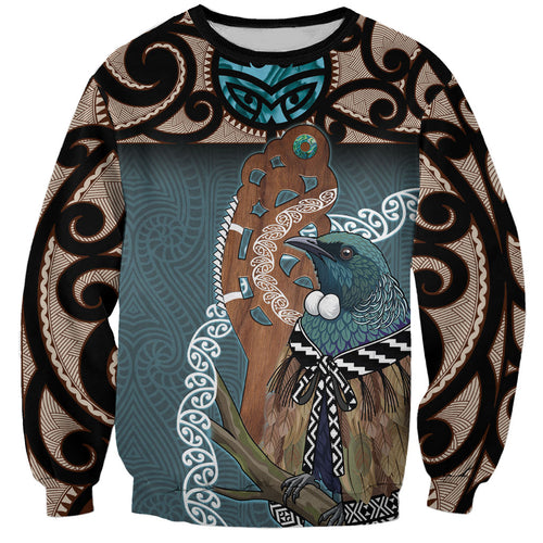 New Zealand Tui Bird Maripi Sweatshirt Maori Weapon Kowhaiwhai Pattern
