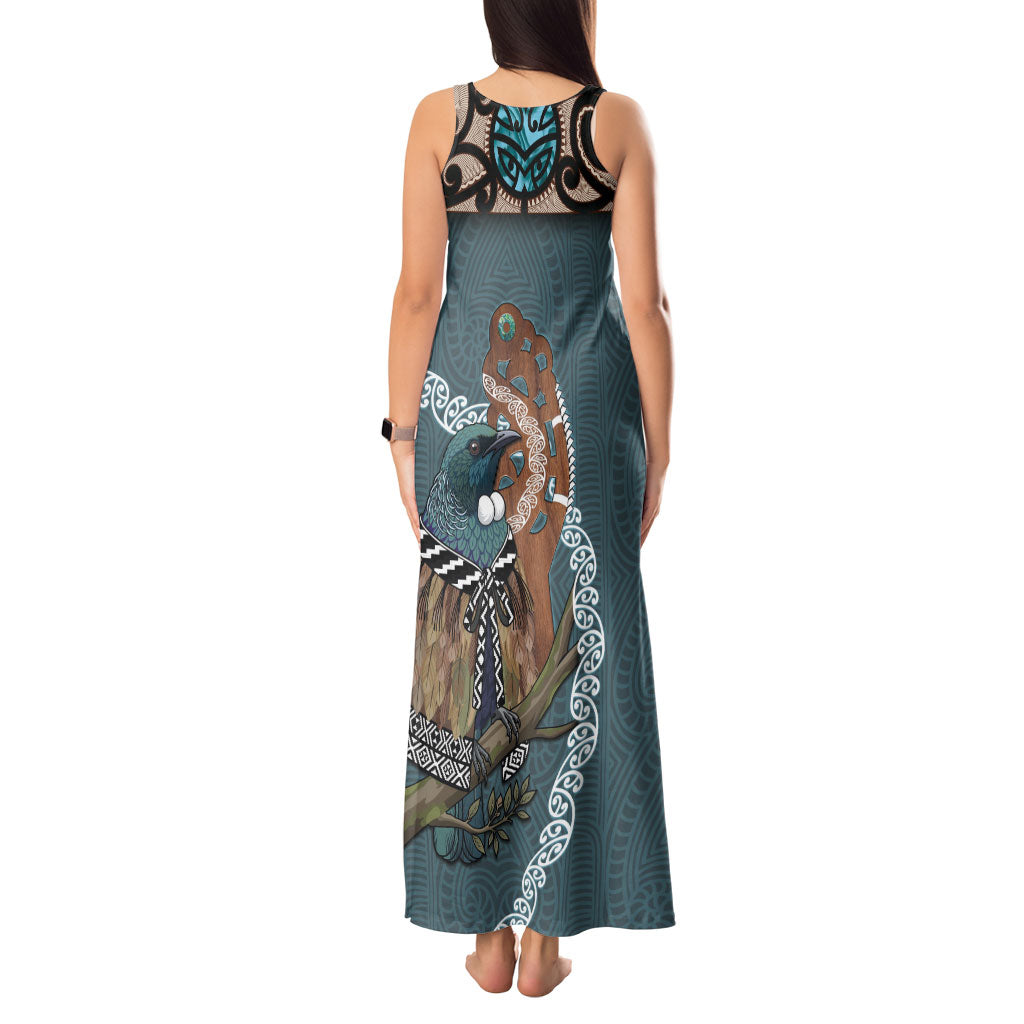 New Zealand Tui Bird Maripi Tank Maxi Dress Maori Weapon Kowhaiwhai Pattern