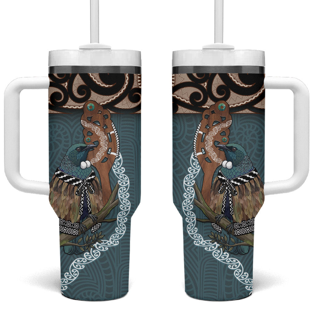 New Zealand Tui Bird Maripi Tumbler With Handle Maori Weapon Kowhaiwhai Pattern