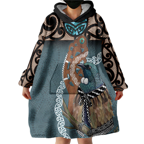 New Zealand Tui Bird Maripi Wearable Blanket Hoodie Maori Weapon Kowhaiwhai Pattern