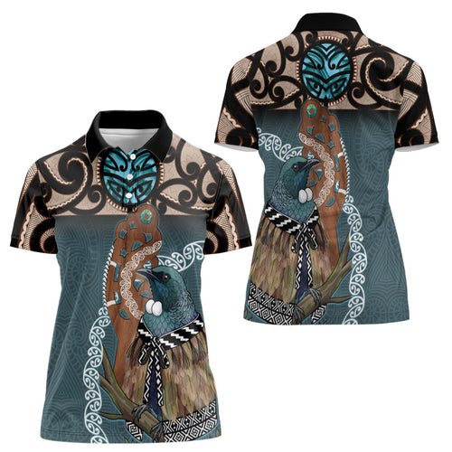 New Zealand Tui Bird Maripi Women Polo Shirt Maori Weapon Kowhaiwhai Pattern
