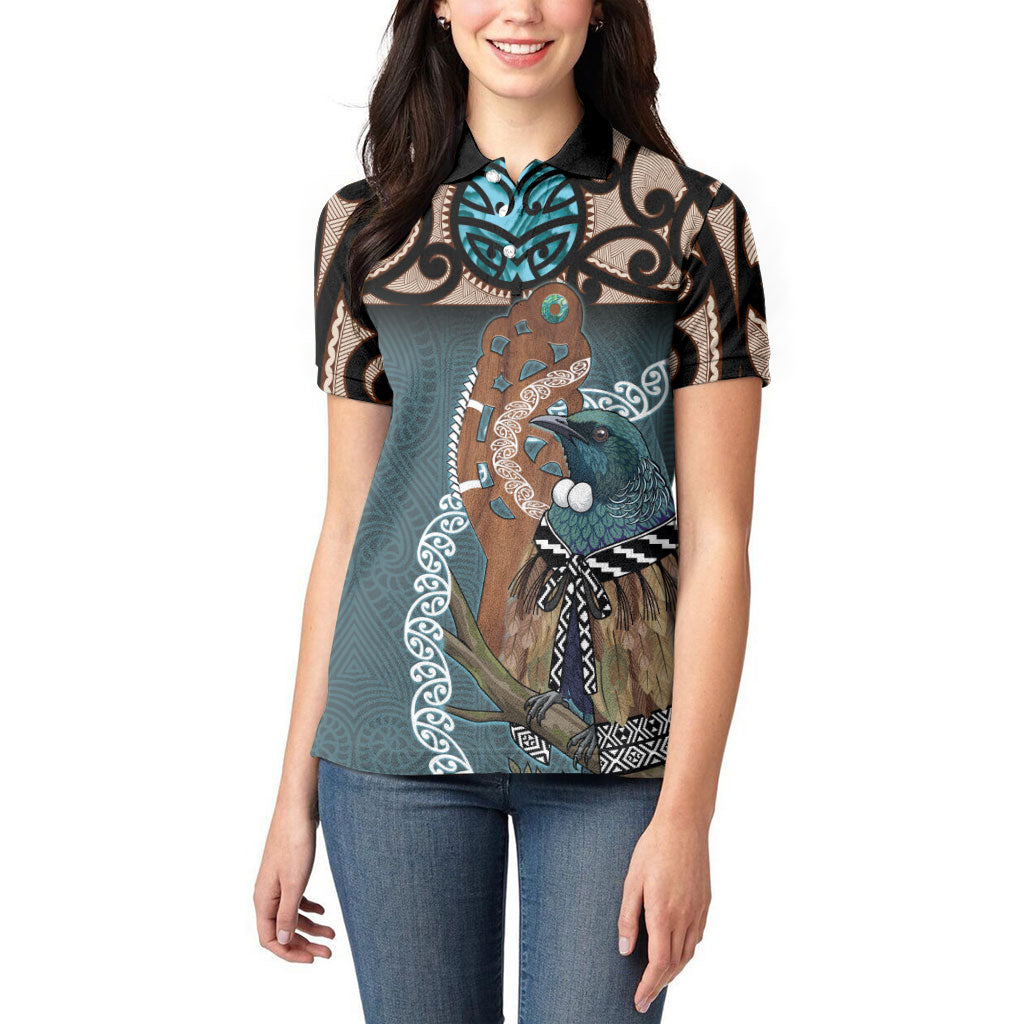 New Zealand Tui Bird Maripi Women Polo Shirt Maori Weapon Kowhaiwhai Pattern
