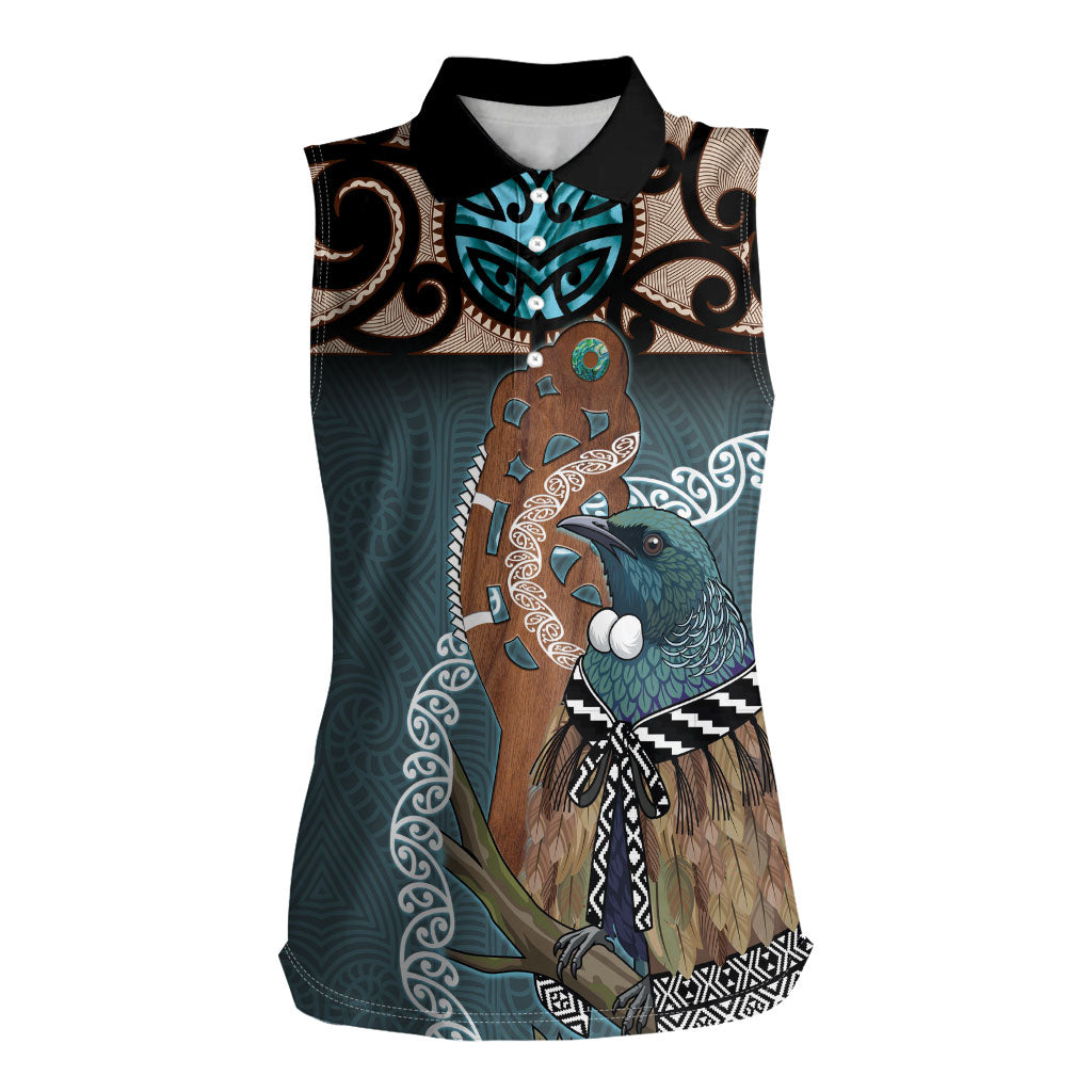 New Zealand Tui Bird Maripi Women Sleeveless Polo Shirt Maori Weapon Kowhaiwhai Pattern