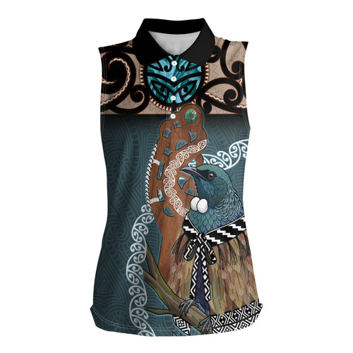 New Zealand Tui Bird Maripi Women Sleeveless Polo Shirt Maori Weapon Kowhaiwhai Pattern