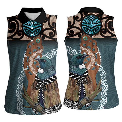 New Zealand Tui Bird Maripi Women Sleeveless Polo Shirt Maori Weapon Kowhaiwhai Pattern
