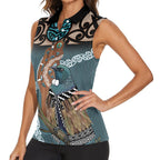 New Zealand Tui Bird Maripi Women Sleeveless Polo Shirt Maori Weapon Kowhaiwhai Pattern