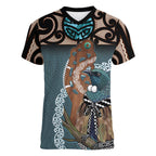 New Zealand Tui Bird Maripi Women V-Neck T-Shirt Maori Weapon Kowhaiwhai Pattern