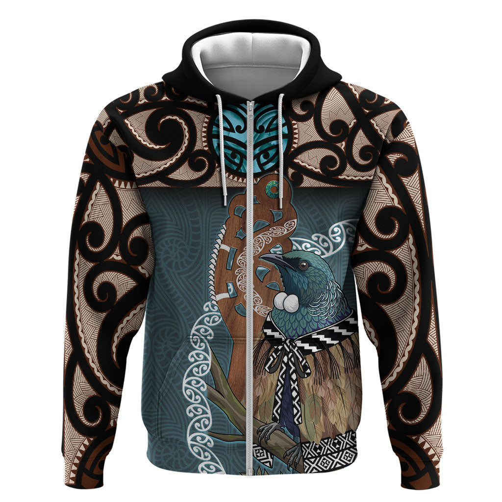 New Zealand Tui Bird Maripi Zip Hoodie Maori Weapon Kowhaiwhai Pattern