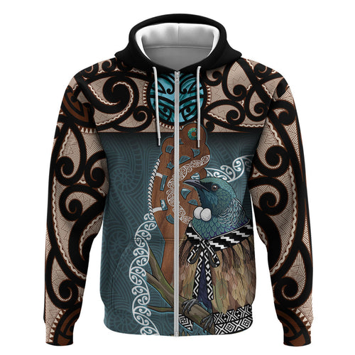 New Zealand Tui Bird Maripi Zip Hoodie Maori Weapon Kowhaiwhai Pattern
