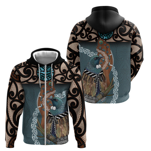 New Zealand Tui Bird Maripi Zip Hoodie Maori Weapon Kowhaiwhai Pattern