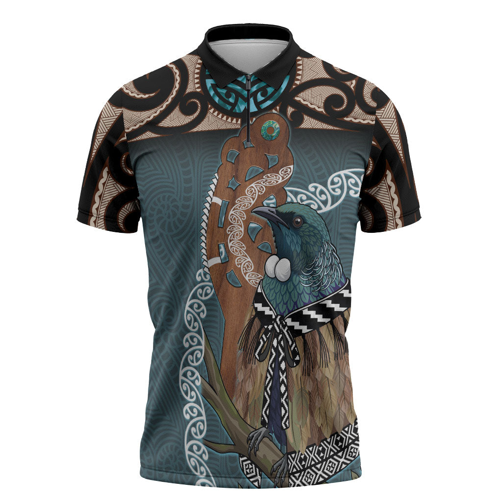New Zealand Tui Bird Maripi Zipper Polo Shirt Maori Weapon Kowhaiwhai Pattern