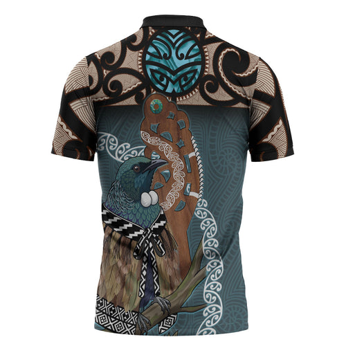 New Zealand Tui Bird Maripi Zipper Polo Shirt Maori Weapon Kowhaiwhai Pattern