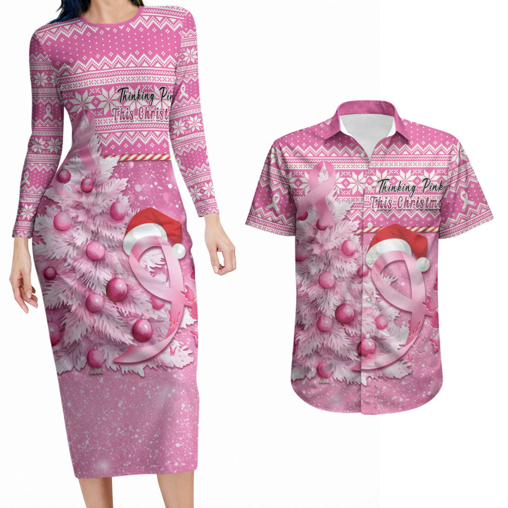 Personalised Australia Breast Cancer Awareness Month Couples Matching Long Sleeve Bodycon Dress and Hawaiian Shirt Thinking Pink This Christmas