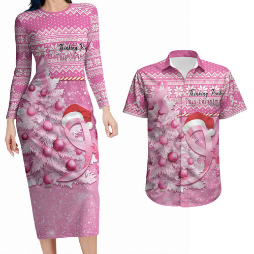 Personalised Australia Breast Cancer Awareness Month Couples Matching Long Sleeve Bodycon Dress and Hawaiian Shirt Thinking Pink This Christmas