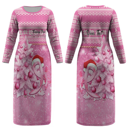 Personalised Australia Breast Cancer Awareness Month Couples Matching Long Sleeve Bodycon Dress and Hawaiian Shirt Thinking Pink This Christmas