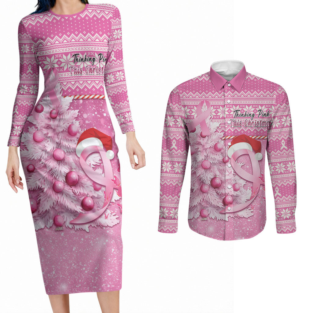 Personalised Australia Breast Cancer Awareness Month Couples Matching Long Sleeve Bodycon Dress and Long Sleeve Button Shirt Thinking Pink This Christmas