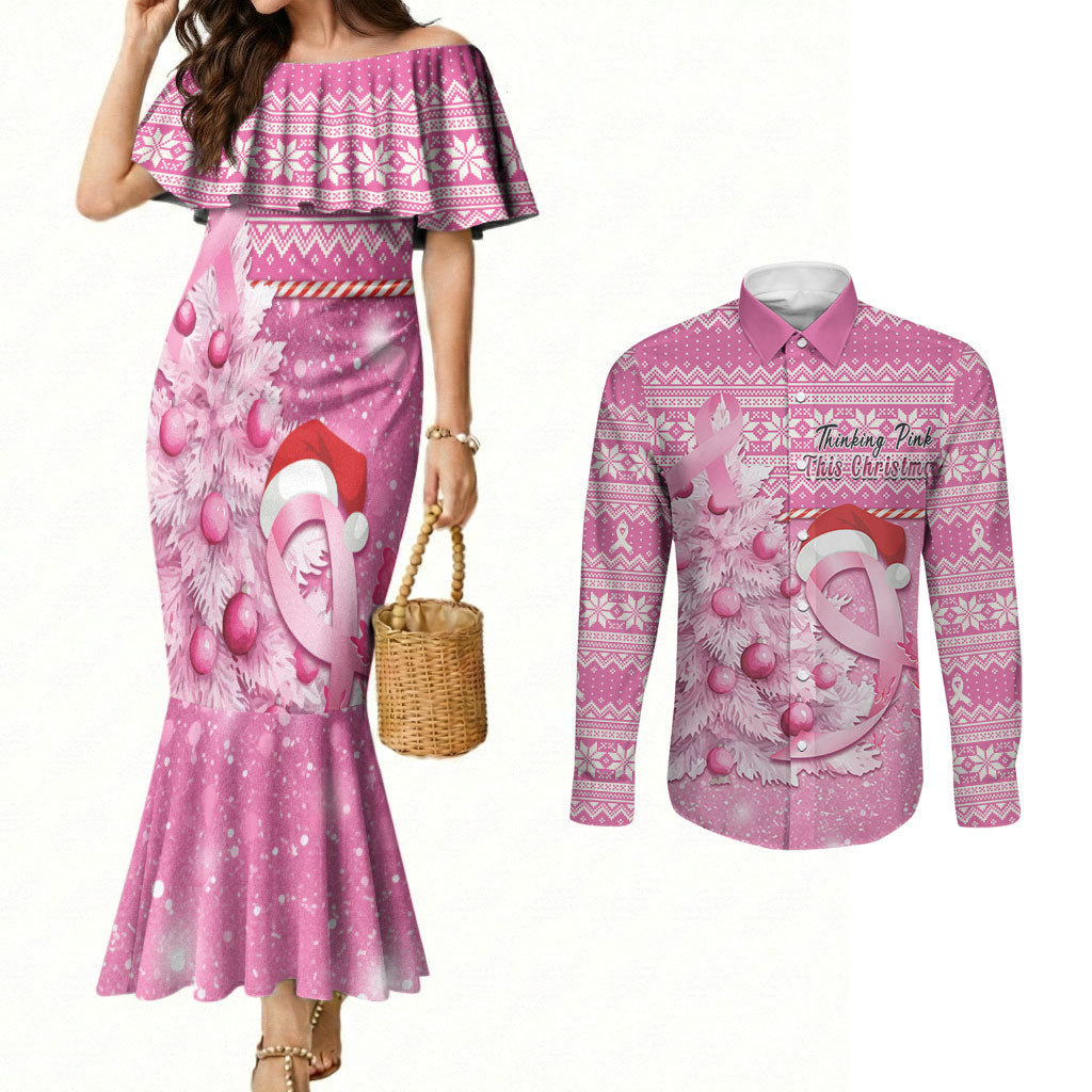 Personalised Australia Breast Cancer Awareness Month Couples Matching Mermaid Dress and Long Sleeve Button Shirt Thinking Pink This Christmas