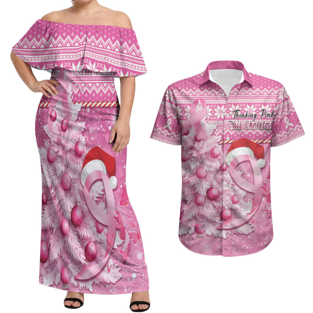 Personalised Australia Breast Cancer Awareness Month Couples Matching Off Shoulder Maxi Dress and Hawaiian Shirt Thinking Pink This Christmas