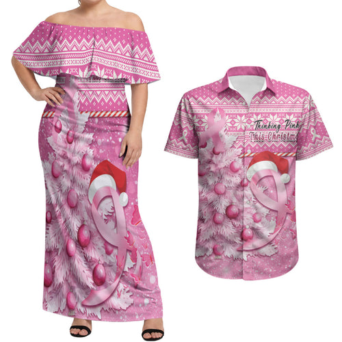 Personalised Australia Breast Cancer Awareness Month Couples Matching Off Shoulder Maxi Dress and Hawaiian Shirt Thinking Pink This Christmas