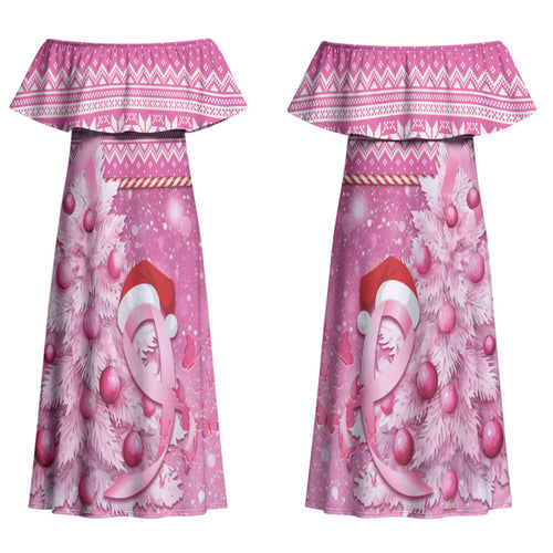 Personalised Australia Breast Cancer Awareness Month Couples Matching Off Shoulder Maxi Dress and Hawaiian Shirt Thinking Pink This Christmas
