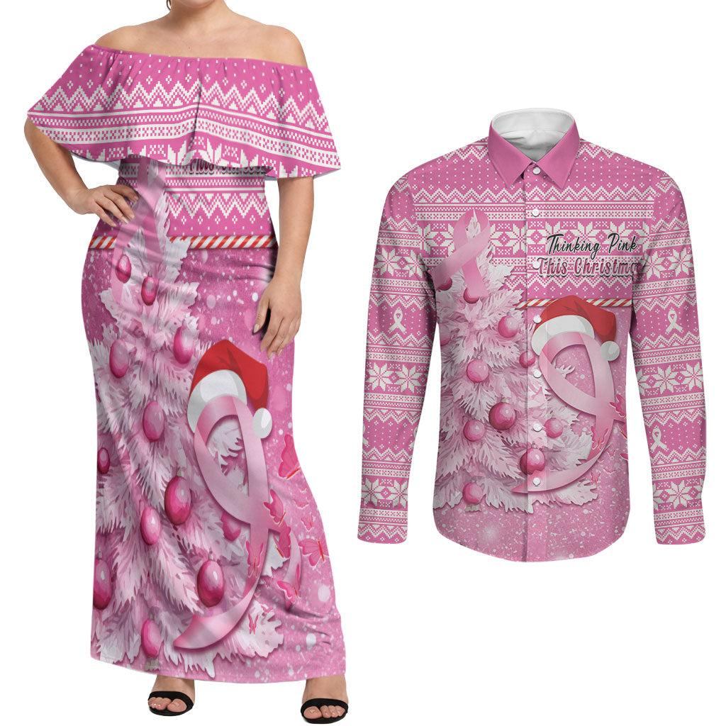 Personalised Australia Breast Cancer Awareness Month Couples Matching Off Shoulder Maxi Dress and Long Sleeve Button Shirt Thinking Pink This Christmas