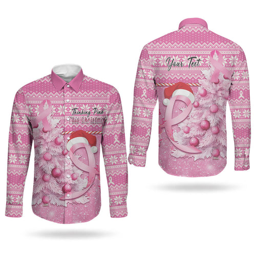 Personalised Australia Breast Cancer Awareness Month Couples Matching Off Shoulder Maxi Dress and Long Sleeve Button Shirt Thinking Pink This Christmas