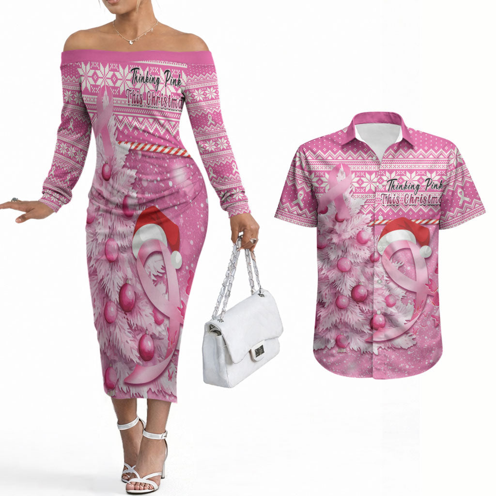 Personalised Australia Breast Cancer Awareness Month Couples Matching Off The Shoulder Long Sleeve Dress and Hawaiian Shirt Thinking Pink This Christmas