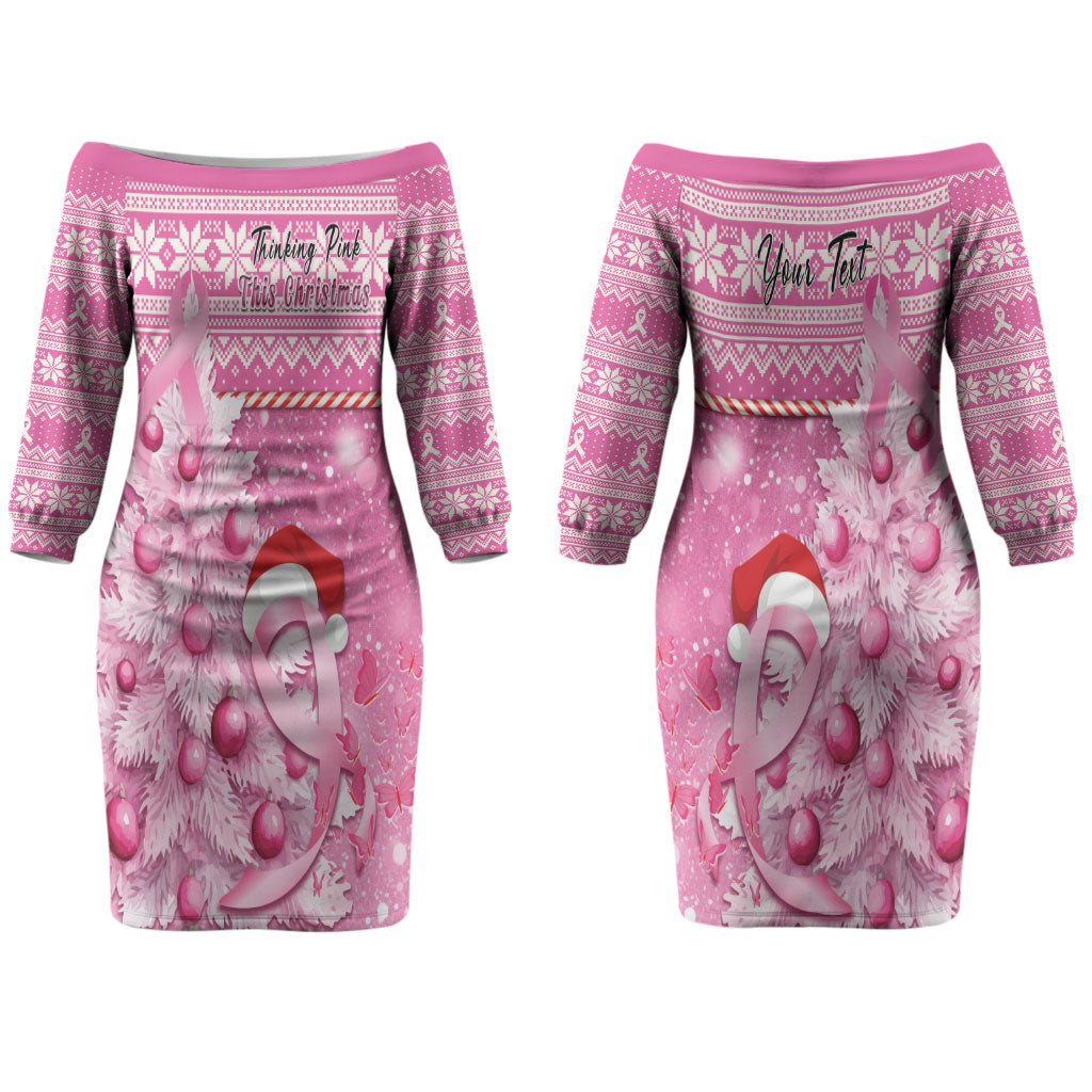 Personalised Australia Breast Cancer Awareness Month Couples Matching Off The Shoulder Long Sleeve Dress and Hawaiian Shirt Thinking Pink This Christmas