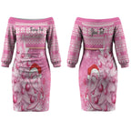 Personalised Australia Breast Cancer Awareness Month Couples Matching Off The Shoulder Long Sleeve Dress and Hawaiian Shirt Thinking Pink This Christmas