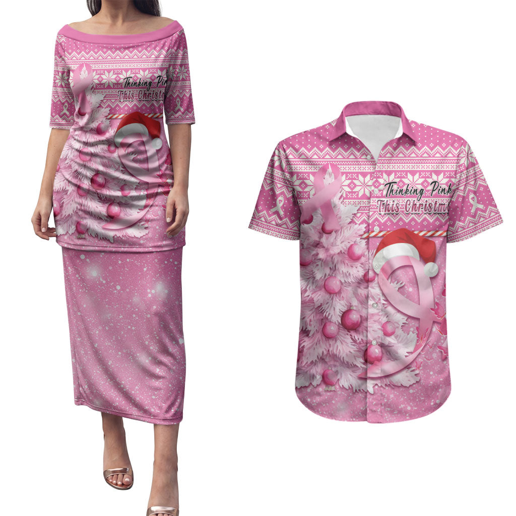 Personalised Australia Breast Cancer Awareness Month Couples Matching Puletasi and Hawaiian Shirt Thinking Pink This Christmas
