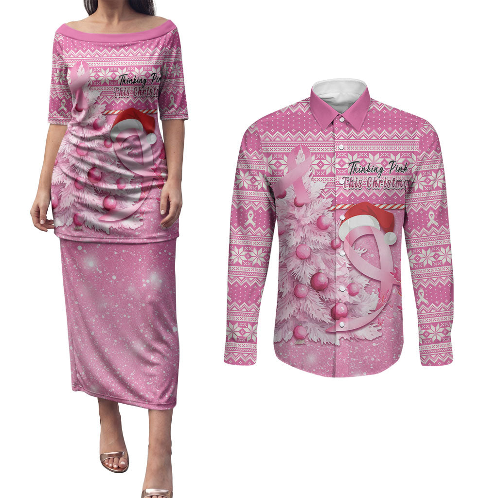 Personalised Australia Breast Cancer Awareness Month Couples Matching Puletasi and Long Sleeve Button Shirt Thinking Pink This Christmas