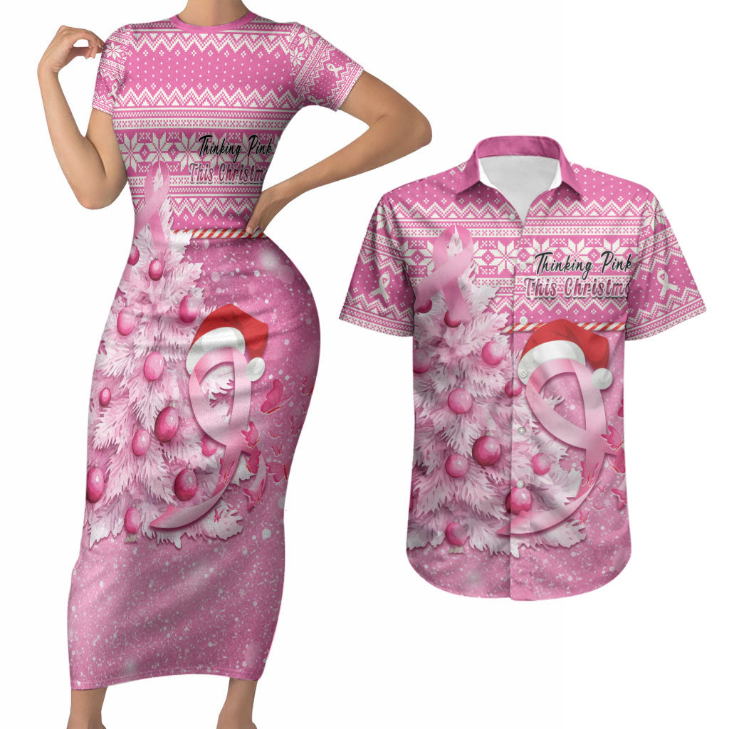 Personalised Australia Breast Cancer Awareness Month Couples Matching Short Sleeve Bodycon Dress and Hawaiian Shirt Thinking Pink This Christmas