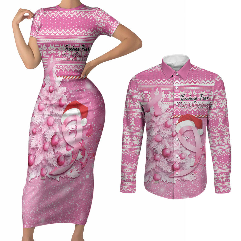 Personalised Australia Breast Cancer Awareness Month Couples Matching Short Sleeve Bodycon Dress and Long Sleeve Button Shirt Thinking Pink This Christmas