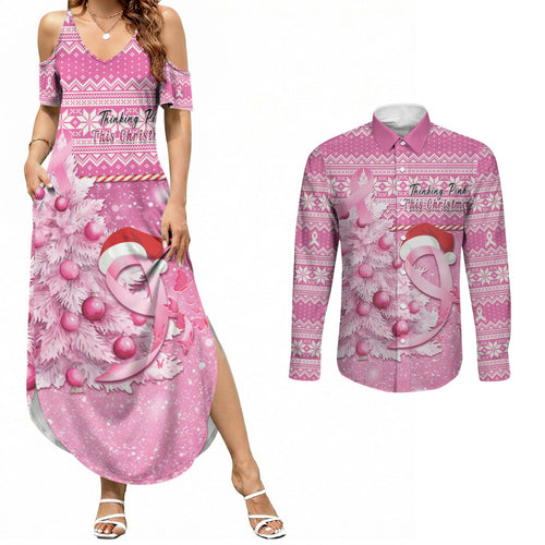 Personalised Australia Breast Cancer Awareness Month Couples Matching Summer Maxi Dress and Long Sleeve Button Shirt Thinking Pink This Christmas