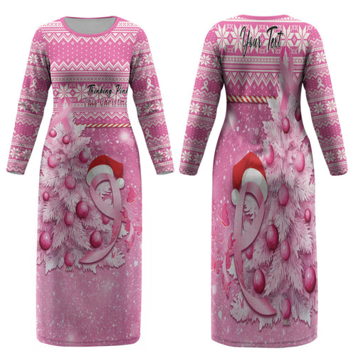 Personalised Australia Breast Cancer Awareness Month Family Matching Long Sleeve Bodycon Dress and Hawaiian Shirt Thinking Pink This Christmas
