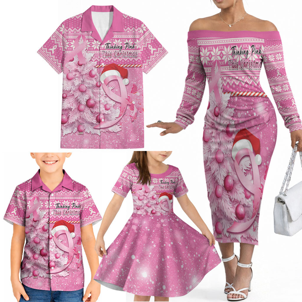 Personalised Australia Breast Cancer Awareness Month Family Matching Off The Shoulder Long Sleeve Dress and Hawaiian Shirt Thinking Pink This Christmas