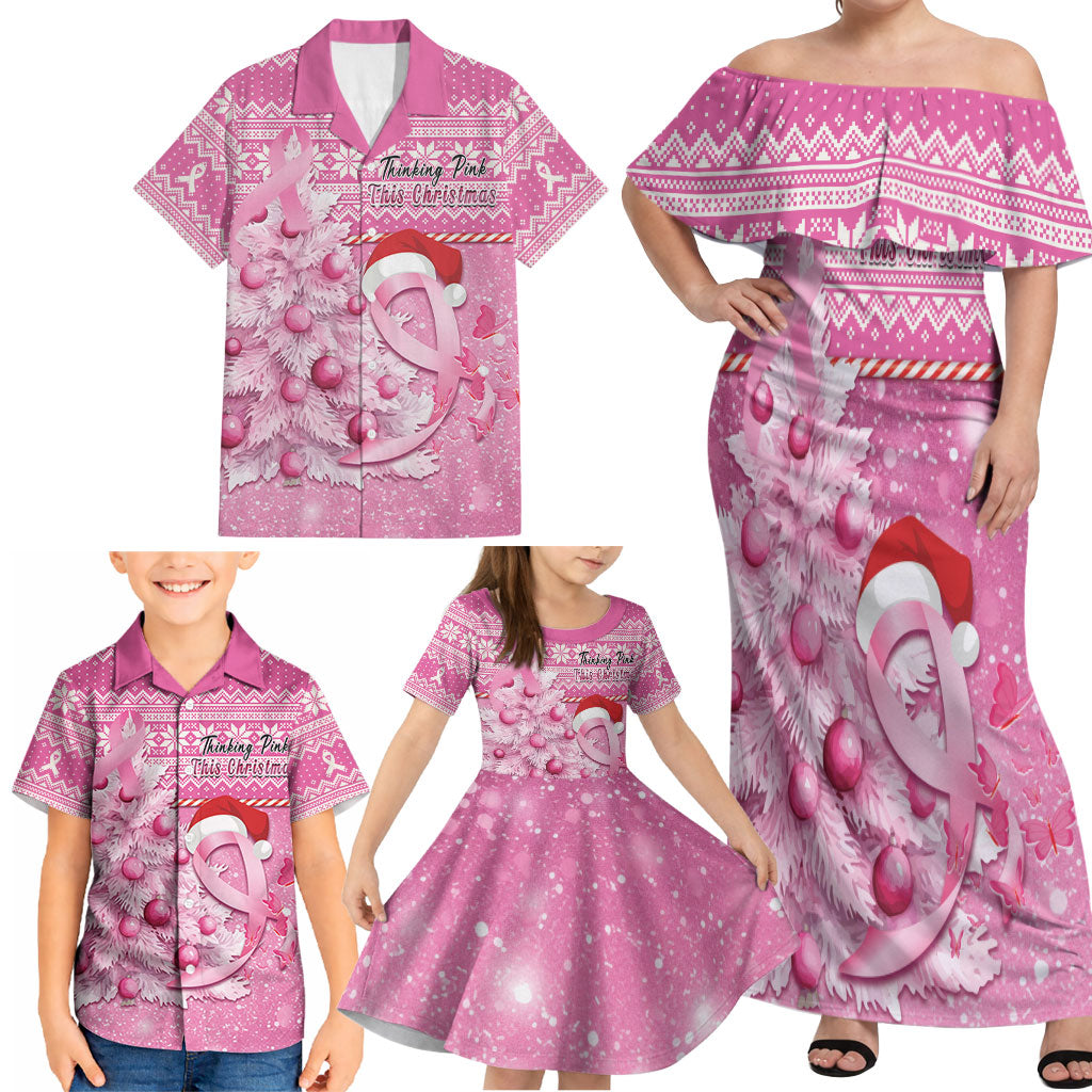 Personalised Australia Breast Cancer Awareness Month Family Matching Off Shoulder Maxi Dress and Hawaiian Shirt Thinking Pink This Christmas