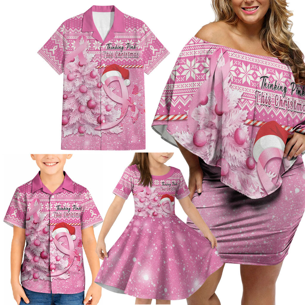 Personalised Australia Breast Cancer Awareness Month Family Matching Off Shoulder Short Dress and Hawaiian Shirt Thinking Pink This Christmas