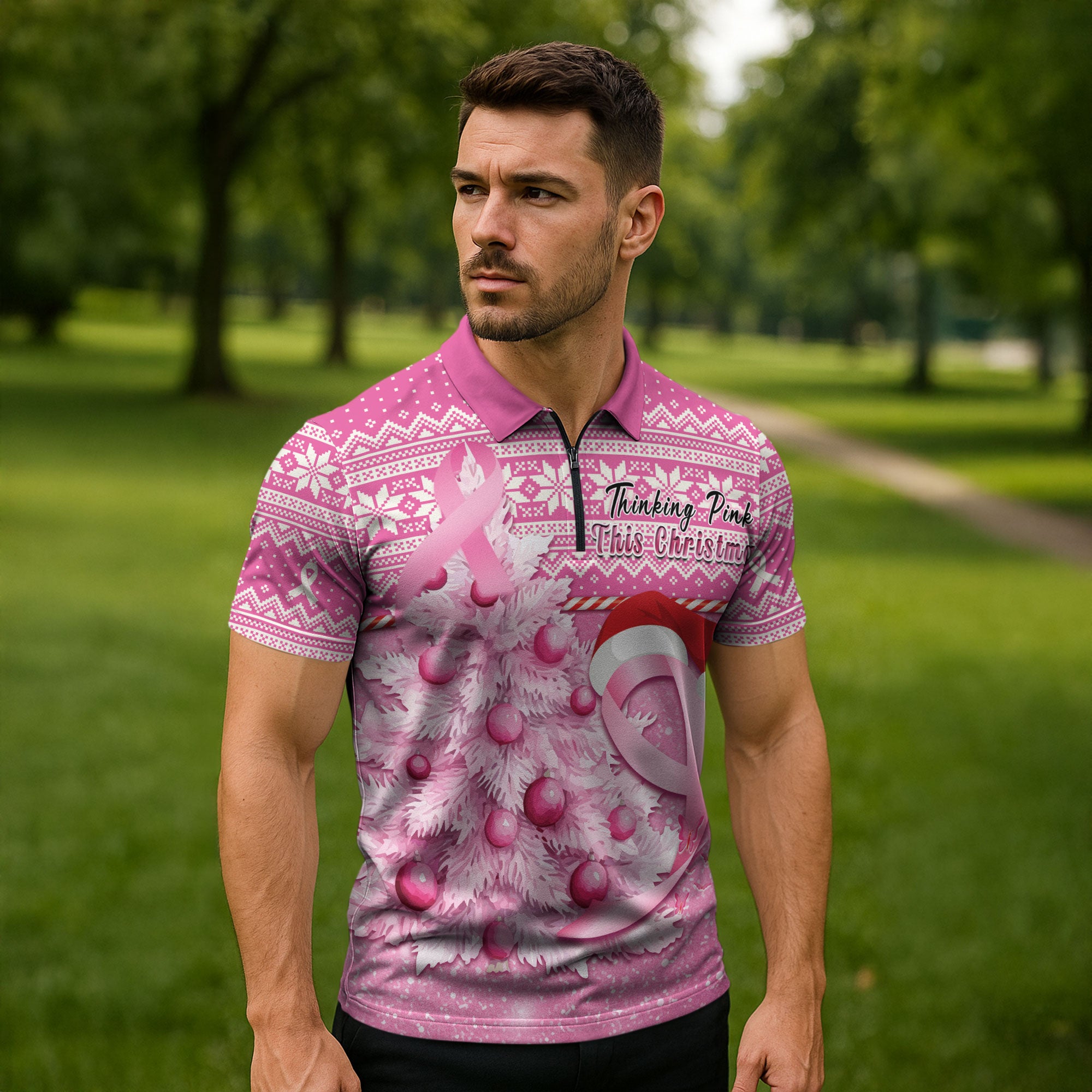 Personalised Australia Breast Cancer Awareness Month Zipper Polo Shirt Thinking Pink This Christmas