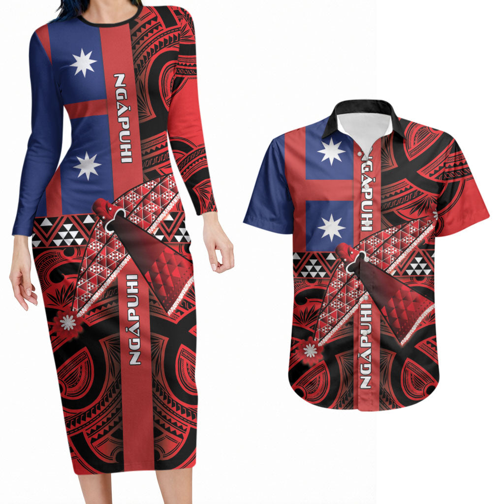 Aotearoa Iwi Ngapuhi Couples Matching Long Sleeve Bodycon Dress and Hawaiian Shirt Tuhoronuku Kite United Tribes Flag Maori Pattern