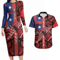 Aotearoa Iwi Ngapuhi Couples Matching Long Sleeve Bodycon Dress and Hawaiian Shirt Tuhoronuku Kite United Tribes Flag Maori Pattern